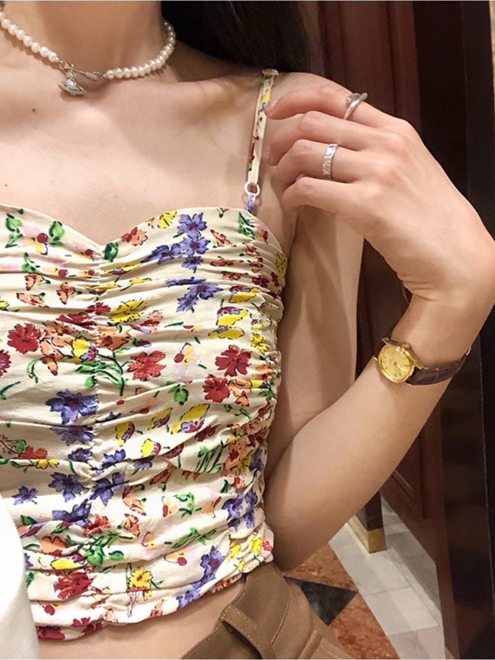 Designers Originals Cream Floral Ruched Spaghetti-Strap Cami from TaoBao.com